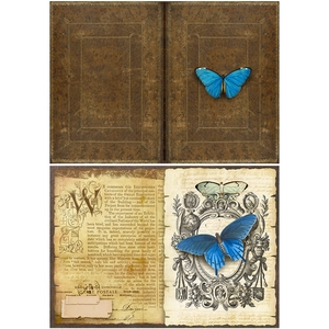 Vintage butterfly scrapbooking paper pack with antique postcard designs and blue specimens