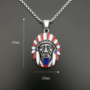 Titanium steel gold-plated Indian chief pendant necklace with colorful enamel detailing