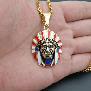 Hip hop style gold-plated stainless steel Indian chief pendant with colorful enamel feathers