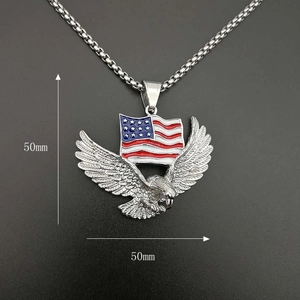 Hip hop titanium steel eagle pendant necklace with US flag enamel detail, size 50mm