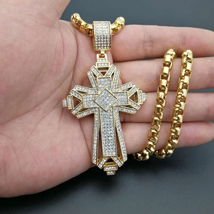 Gold plated hip hop cross pendant necklace with sparkling rhinestones and box chain