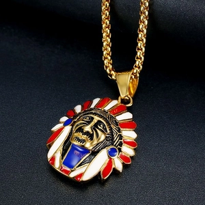 Hiphop gold titanium steel Indian chief pendant with red white and blue enamel on box chain