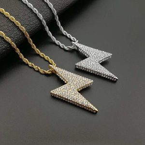 Hip Hop Bliksem Hanger Halsketting Voor Heren Dames Titanium Staal Goud Zilver Verguld Strass Touwketting Sieraden