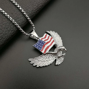 Hip hop titanium steel eagle pendant necklace with US flag enamel detail on silver chain