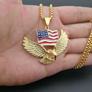 Hip hop gold plated stainless steel eagle necklace with American flag enamel pendant