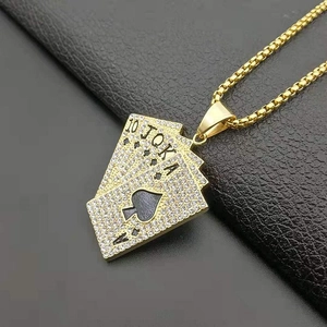 Gold-plated hip hop necklace with iced-out royal flush poker cards pendant and box chain