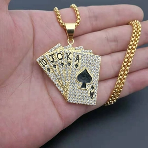 Hip hop gold plated stainless steel royal flush poker pendant necklace with iced out crystals