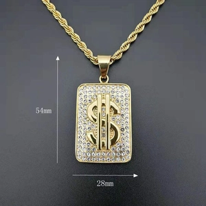 Gold-plated hip hop pendant with dollar sign and white rhinestones, 54x28mm size
