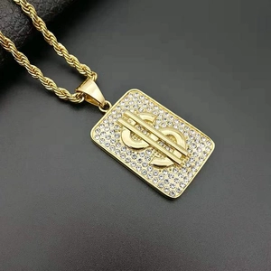 Hip-Hop Gold Plated 316L Stainless Steel Dollar Sign Pendant For Men Rhinestone Iced Out Rectangle Charm Without Chain