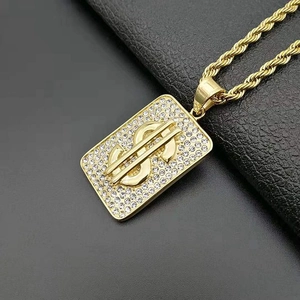 Hiphop dollar sign rectangular pendant with cubic zirconia and gold rope chain