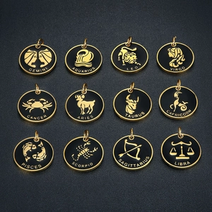 Fashion Titanium Steel Double Sided Twelve Constellations Zodiac Pendant With Rhinestone Gold Black Enamel Round Medallion Pendant Only
