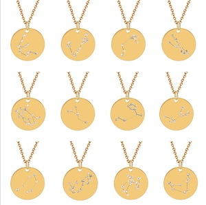 Set of 12 zodiac constellation necklaces with gold plating and sparkling crystal stones