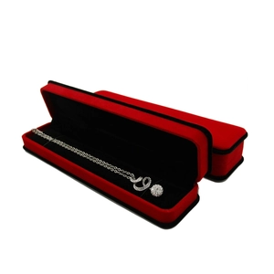 Red velvet jewelry gift box set with silver necklace featuring sparkling pavé pendant