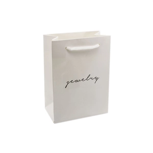 Sacchetto regalo in carta bianca per gioielli con scritta nera e manici in nylon