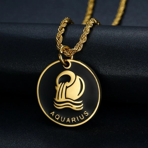 Gold-plated stainless steel Aquarius zodiac pendant with black enamel and rope chain