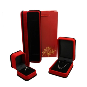 Red Velvet Jewelry Gift Box Set For Rings Necklaces Pendants With Gold Stamping Lotus Paper Bag Jewelry Storage Organizer