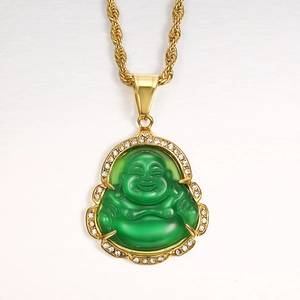 Vintage 316L Stainless Steel Laughing Buddha Pendant Necklace For Women Gold Plated Inlaid Cat Eye Stone Rhinestone Jewelry