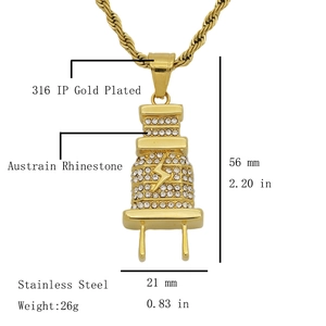 Collar hip hop con colgante de enchufe en acero inoxidable dorado y cristales brillantes