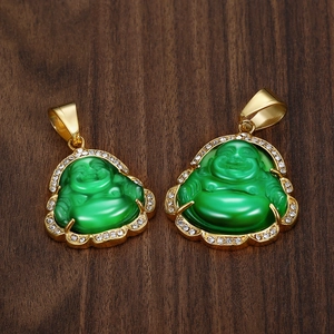 Gold-plated stainless steel Laughing Buddha pendant with green cat eye stone and cubic zirconia