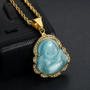 Light blue Laughing Buddha pendant with crystal halo on golden rope chain