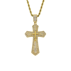 Collana con ciondolo a croce hip hop placcata in oro in acciaio inox con zirconi