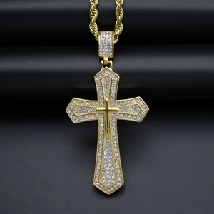 Pendaglio Doppia Croce Iced Out in Acciaio Inossidabile 316 Placcato Oro Zirconia Collana Religiosa Uomo Donna Gioielli