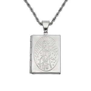 Stainless steel Virgin Mary book locket pendant necklace with twisted rope chain
