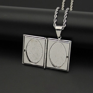 Silver stainless steel Virgin Mary locket pendant with twist chain and engraved interior