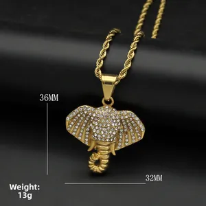 Iced out gold stainless steel elephant pendant with rhinestones and rope chain