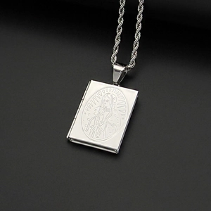 Polished stainless steel Virgin Mary book locket pendant with a thick twisted rope chain