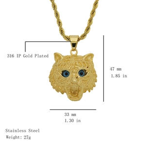 316L stainless steel gold lynx head pendant with blue stone eyes and size guide
