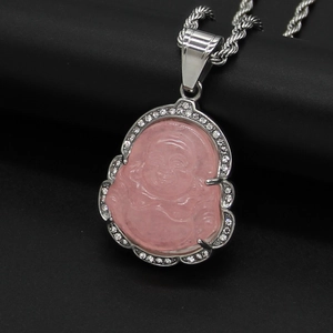 Colgante de Buda Maitreya de calcedonia rosa con cristales y marco de plata
