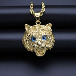 Tiger Head Pendant Necklace 316 Stainless Steel Gold Plated With Blue Zirconia Eyes Hip Hop Punk Animal Jewelry For Men