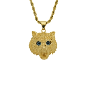 Gold-plated 316 stainless steel lynx head pendant with blue stone eyes and rope chain