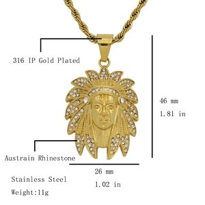 316 Stainless Steel Gold Plated Indian Chief Head Pendant Necklace With Rhinestones Hip Hop Ethnic Style Jewelry For Men