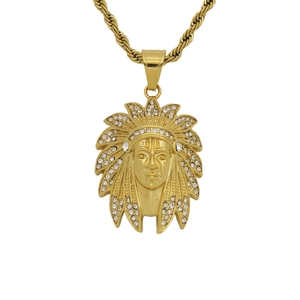 Gold plated stainless steel Indian chief head pendant necklace with white rhinestones