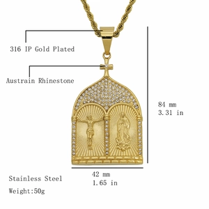Pendente chiesa hip hop in acciaio inossidabile placcato oro 316L con strass e catena