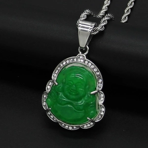 Colgante de Buda Maitreya en calcedonia verde y acero inoxidable plateado con diamantes