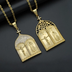 Collana con Pendente ad Arco Religioso Gesù Maria Hip Hop in Acciaio Inossidabile Oro Strass Gioielli Gotici per Uomo Donna
