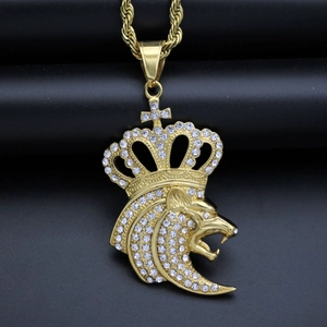 Hip Hop Lion Head Crown Pendant For Men Women Stainless Steel Iced Out Rhinestone Animal Pendant Jewelry Accessory Gift