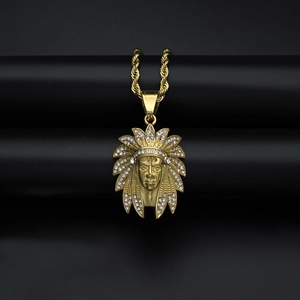 Gold-plated 316L stainless steel Indian Chief pendant with sparkling crystals on rope chain