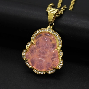 Pink jadeite laughing buddha pendant in gold plated frame with sparkling crystals