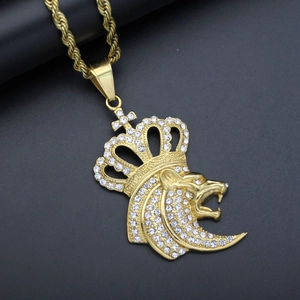 Hip hop 18K gold-plated lion head pendant with crown and rhinestones on a rope chain