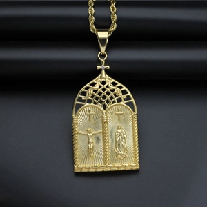 Collana Hip Hop dorata con ciondolo cattedrale e rilievo religioso su catena a corda