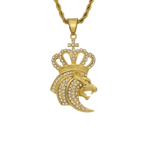Hip hop crown lion head pendant necklace in 18K gold plated finish with clear zircons