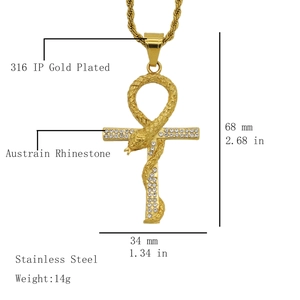 Vergulde roestvrijstalen Ankh hanger met slangenontwerp en glanzende Oostenrijkse strass