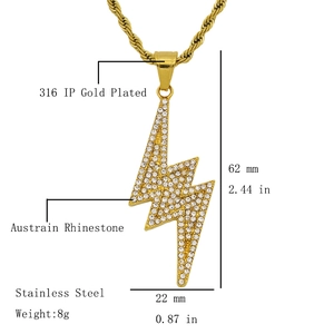 Collar hip hop con colgante de rayo en acero inoxidable dorado con cristales brillantes