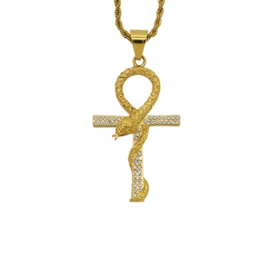 Hip hop gouden Ankh-kruis hanger ketting met ijzige slang wikkel op touwketting