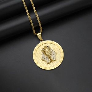 Iced out Egyptian Pharaoh Tutankhamun pendant necklace with Roman numerals in gold finish
