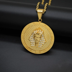 Iced out Egyptian Pharaoh King Tut pendant necklace with gold plated twisted chain